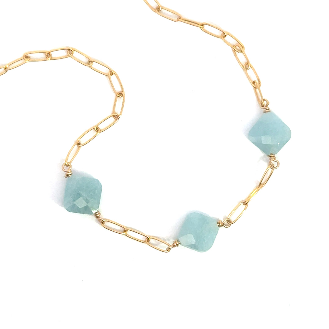 aquamarine three stone paperclip bracelet