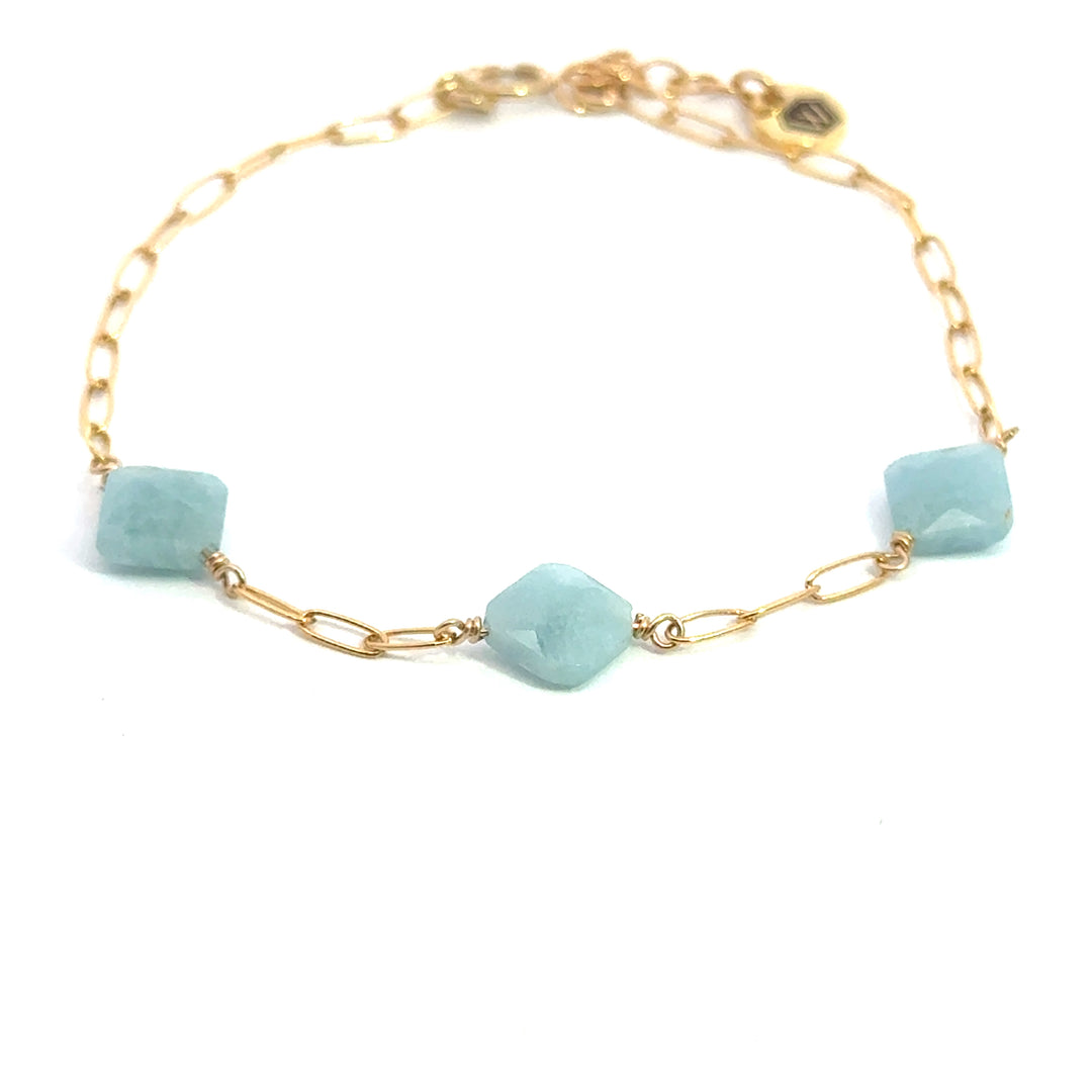 aquamarine three stone paperclip bracelet