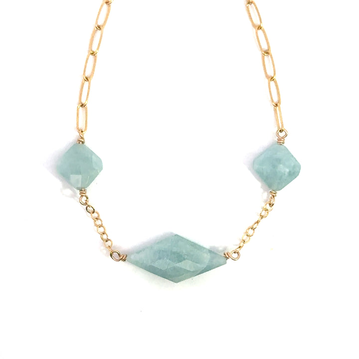 three-stone aquamarine paperclip necklace