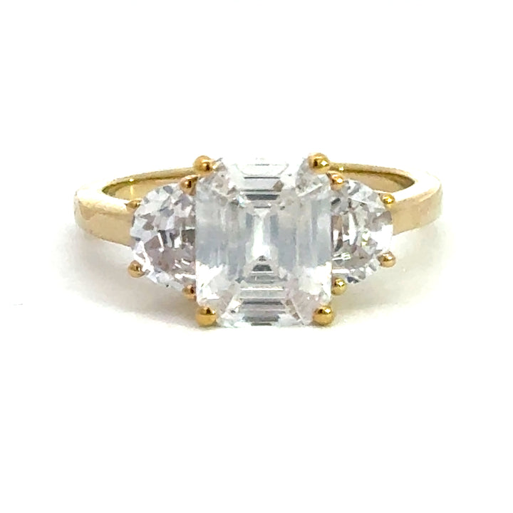 4.0 ctw emerald-cut diamond three-stone mezzaluna half-moon engagement ring