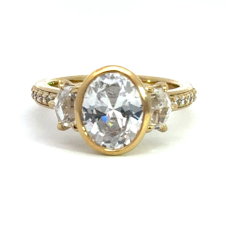 4.1 ctw oval diamond three-stone bezel pentagon with pave band engagement ring
