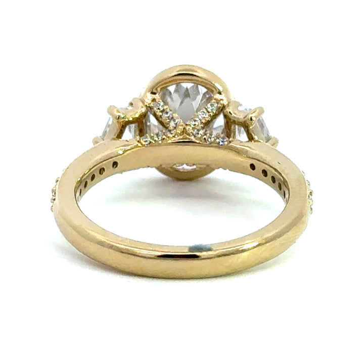 4.1 ctw oval diamond three-stone bezel pentagon with pave band engagement ring