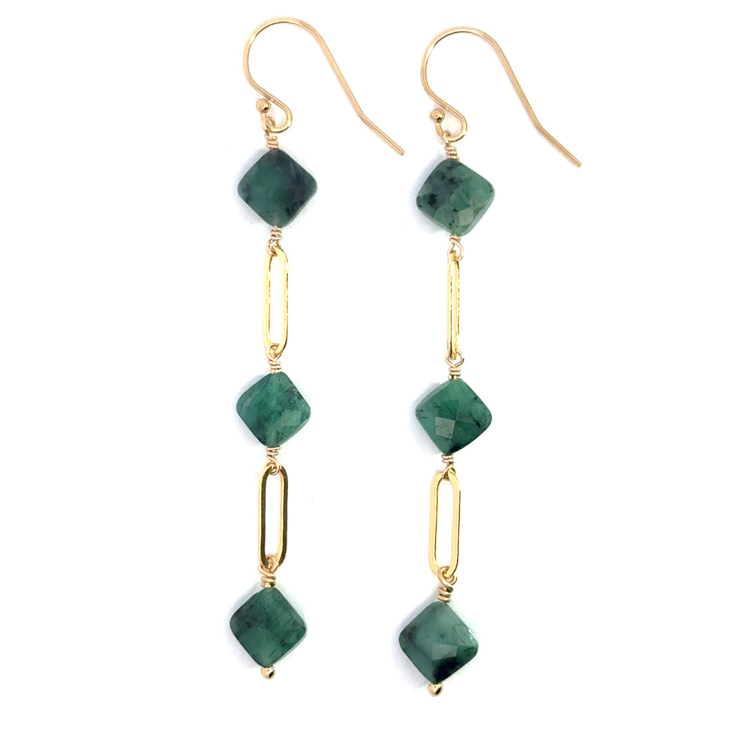 three-stone emerald link dangle earrings