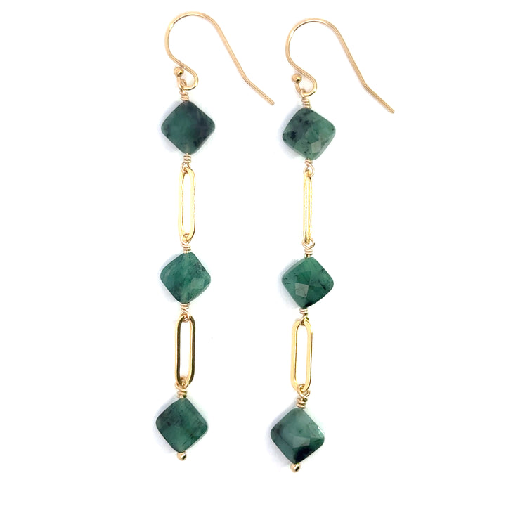 three-stone emerald link dangle earrings