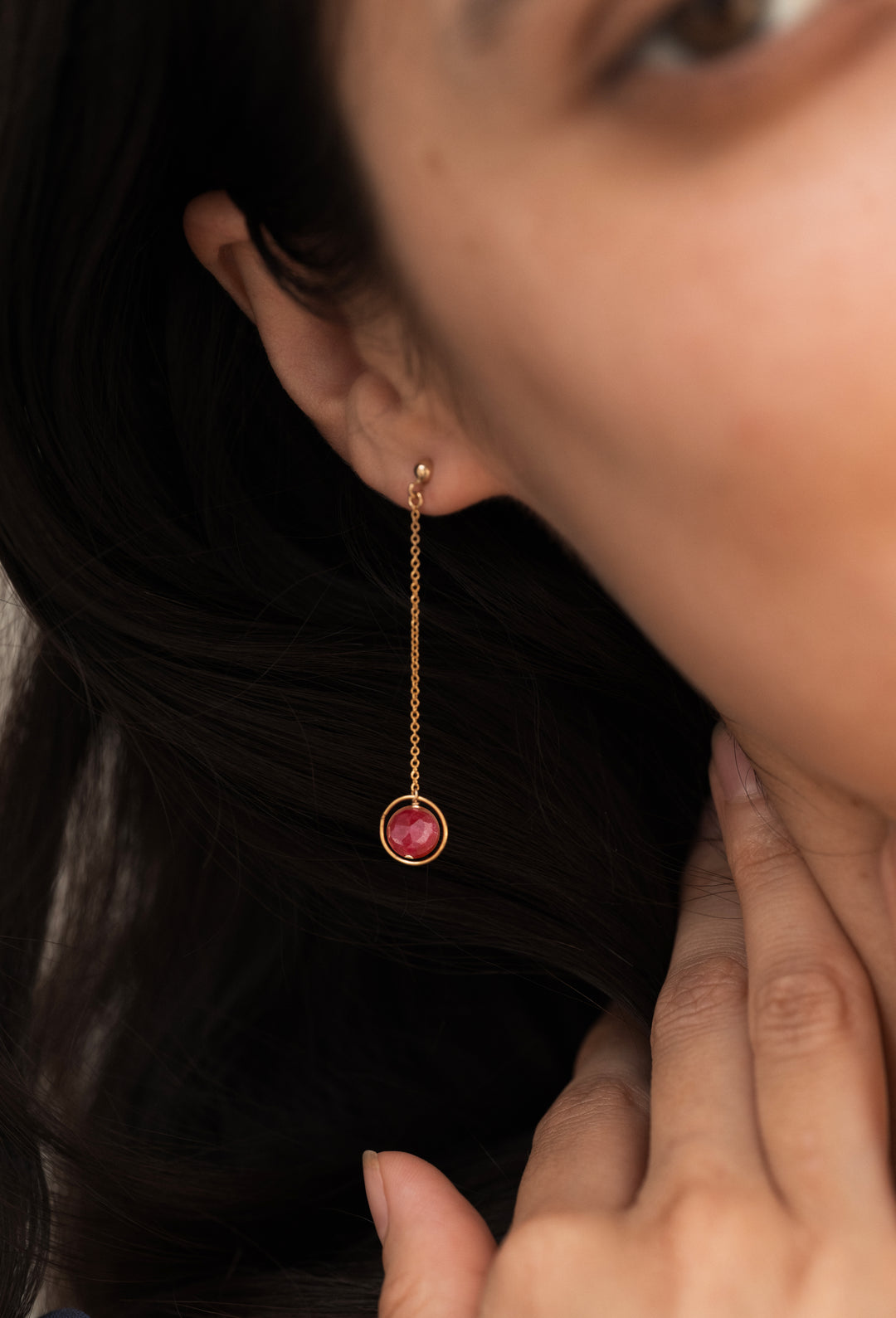 halo birthstone chain drop earrings