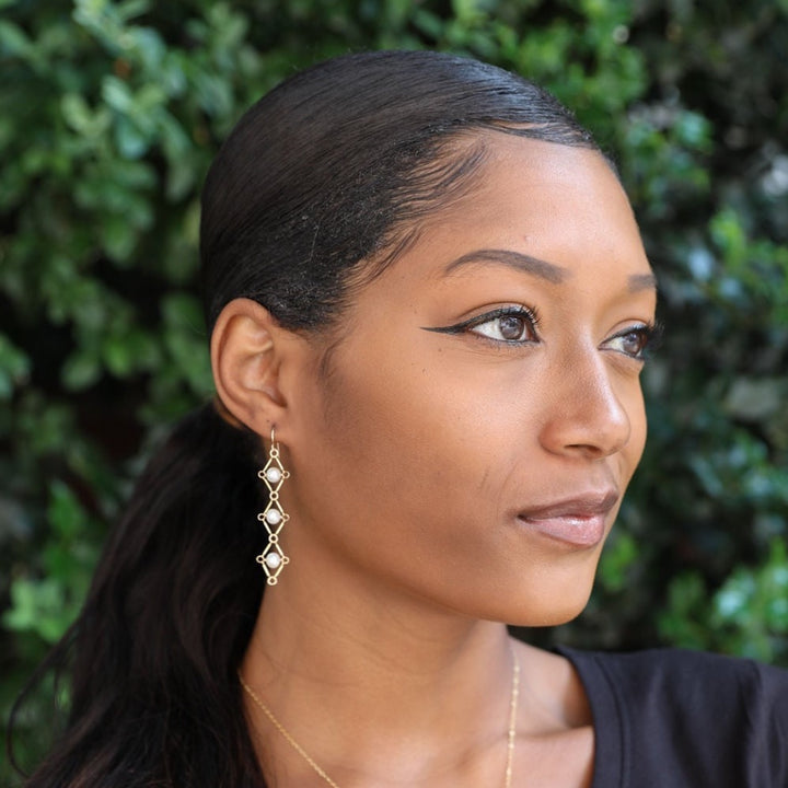 triple pearl trapeze earrings