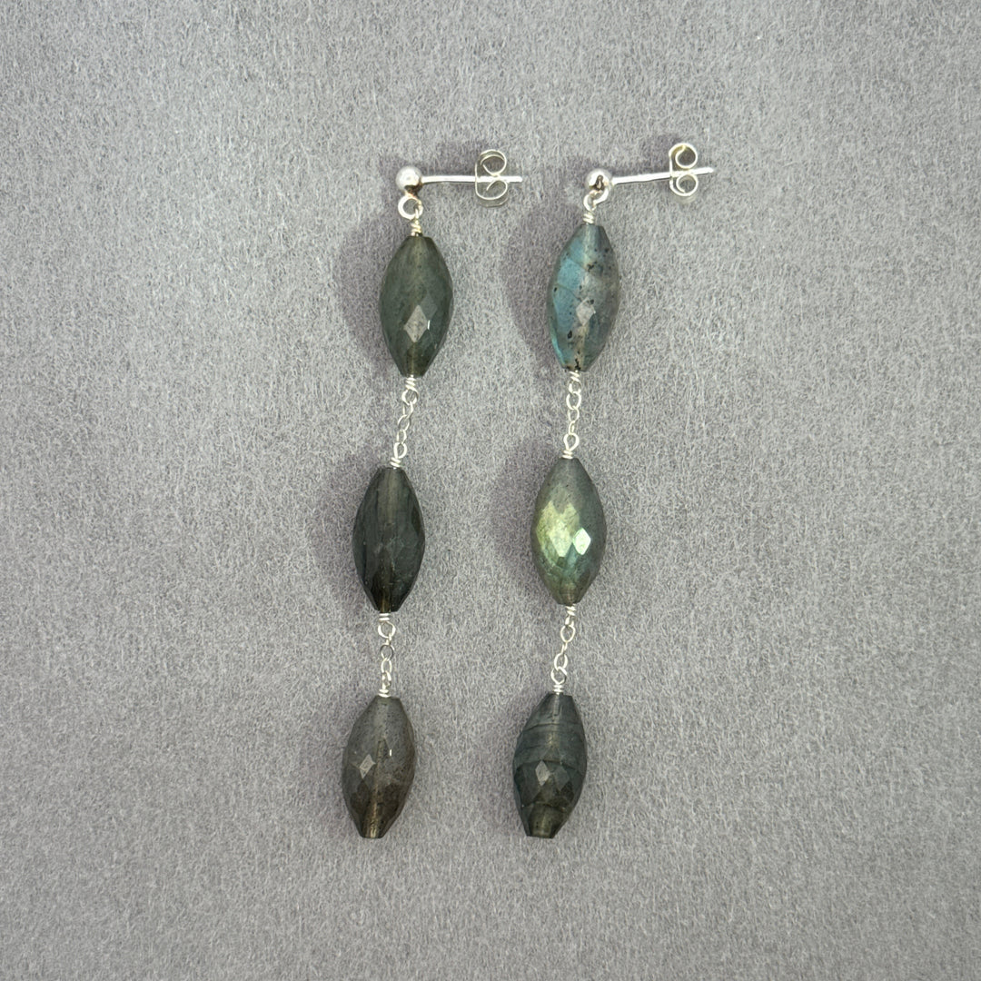 Northern Lights - Silver Triple Faceted Almond Stud Earrings