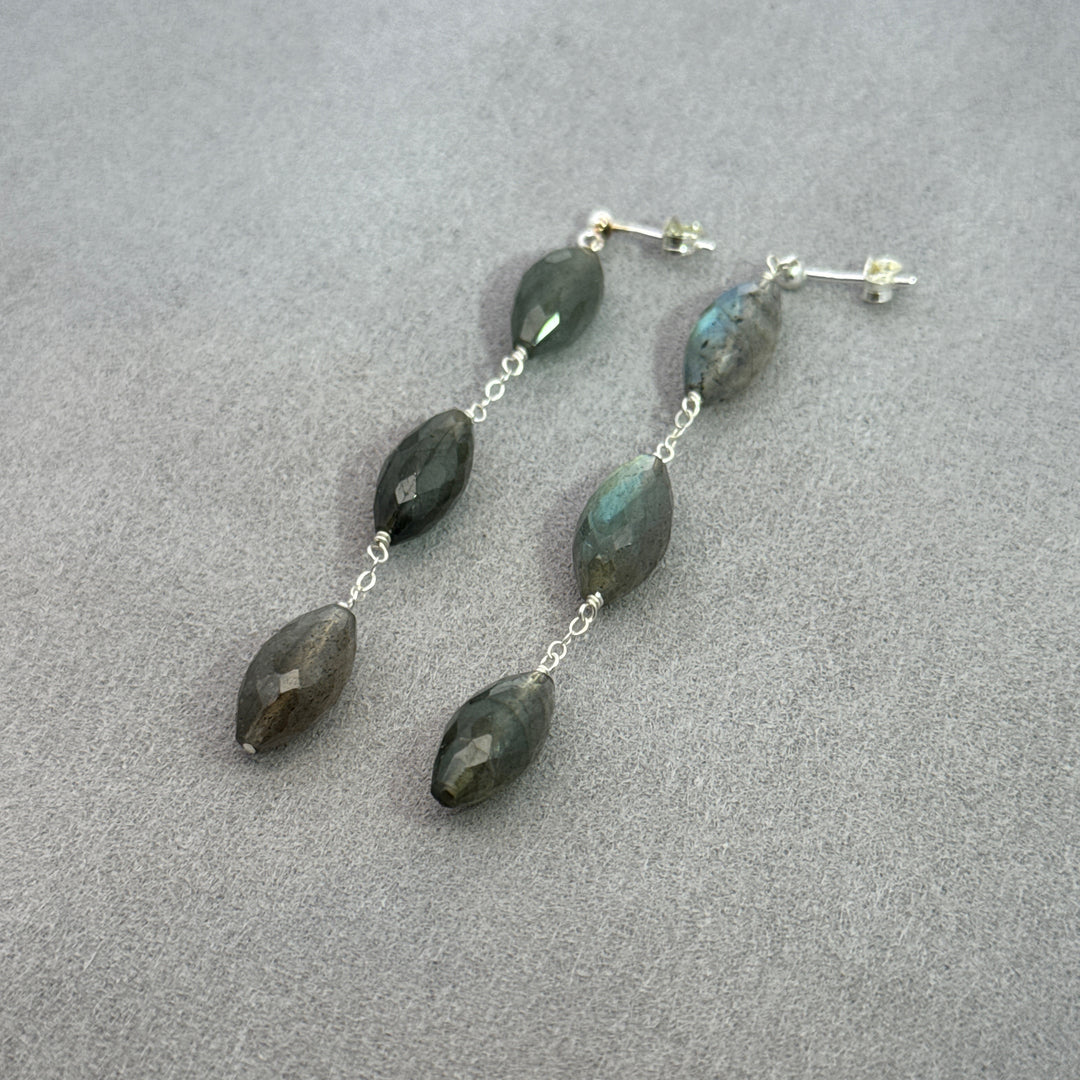 Northern Lights - Silver Triple Faceted Almond Stud Earrings