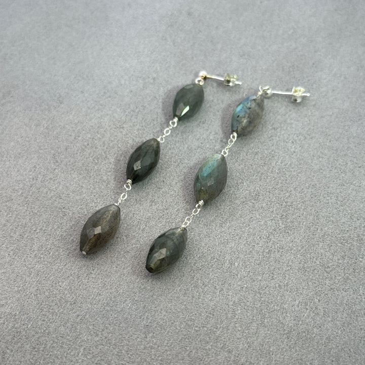 Northern Lights - Silver Triple Faceted Almond Stud Earrings
