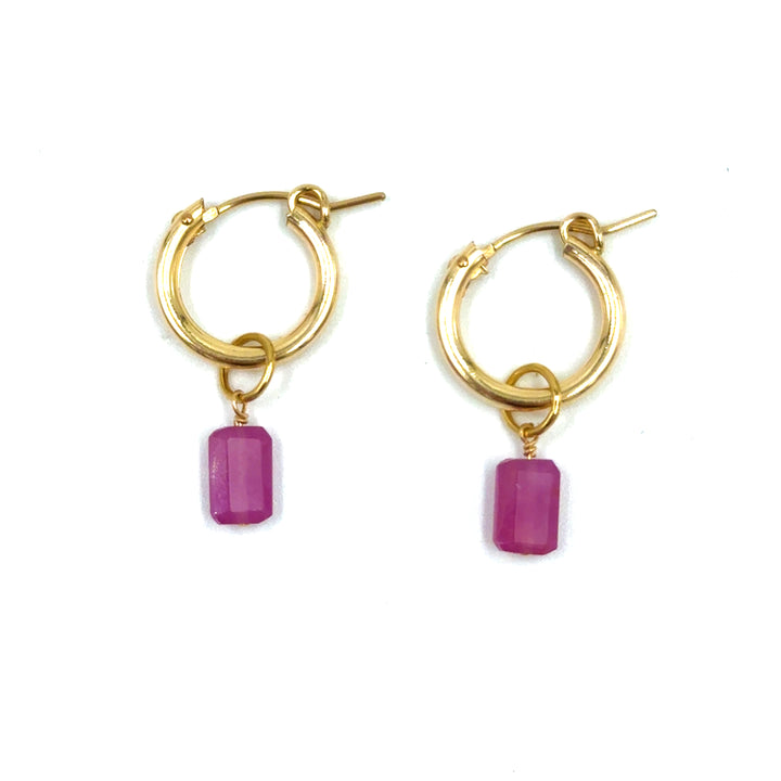 pink tourmaline emerald-cut baby hoop earrings