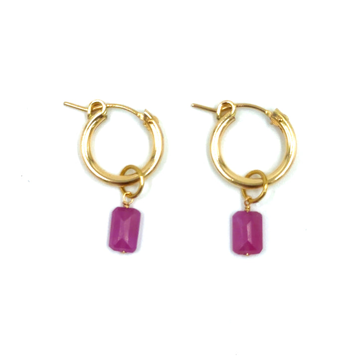 pink tourmaline emerald-cut baby hoop earrings