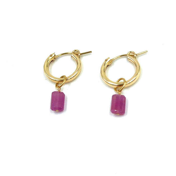 pink tourmaline emerald-cut baby hoop earrings