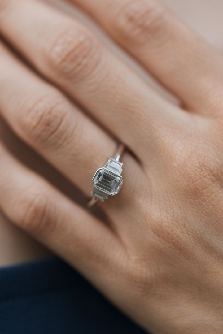 1 1/5 ctw emerald cut diamond 5-stone bezel engagement ring