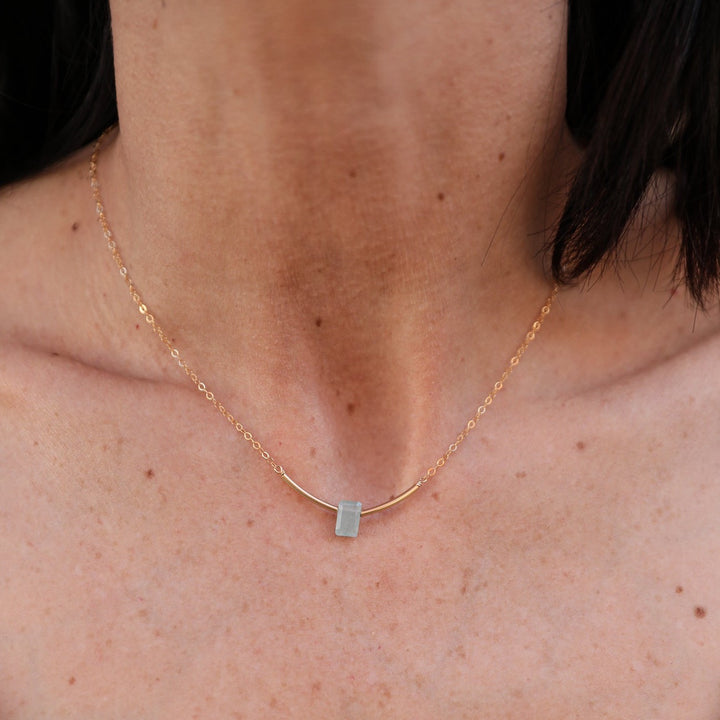 aquamarine baguette gold bar necklace