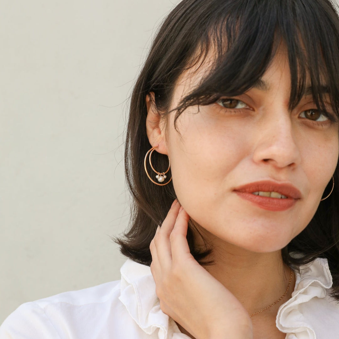 medium double hoop earrings with three pearl cluster - workshopunderground.com