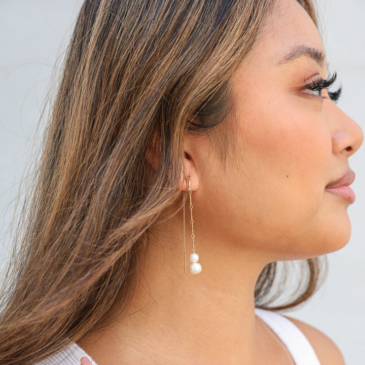 graduated duo pearl and gold bar threader earrings