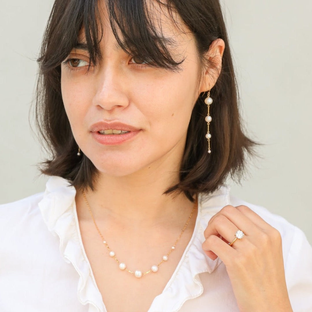 graduated pearl & gold bar earrings
