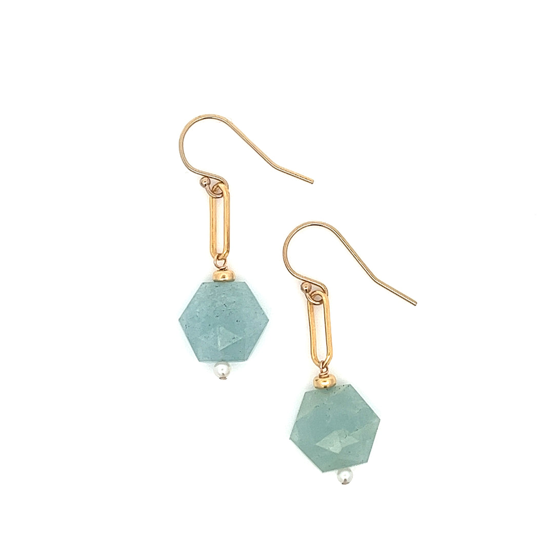aquamarine hexagon & pearl drop earrings - workshopunderground.com