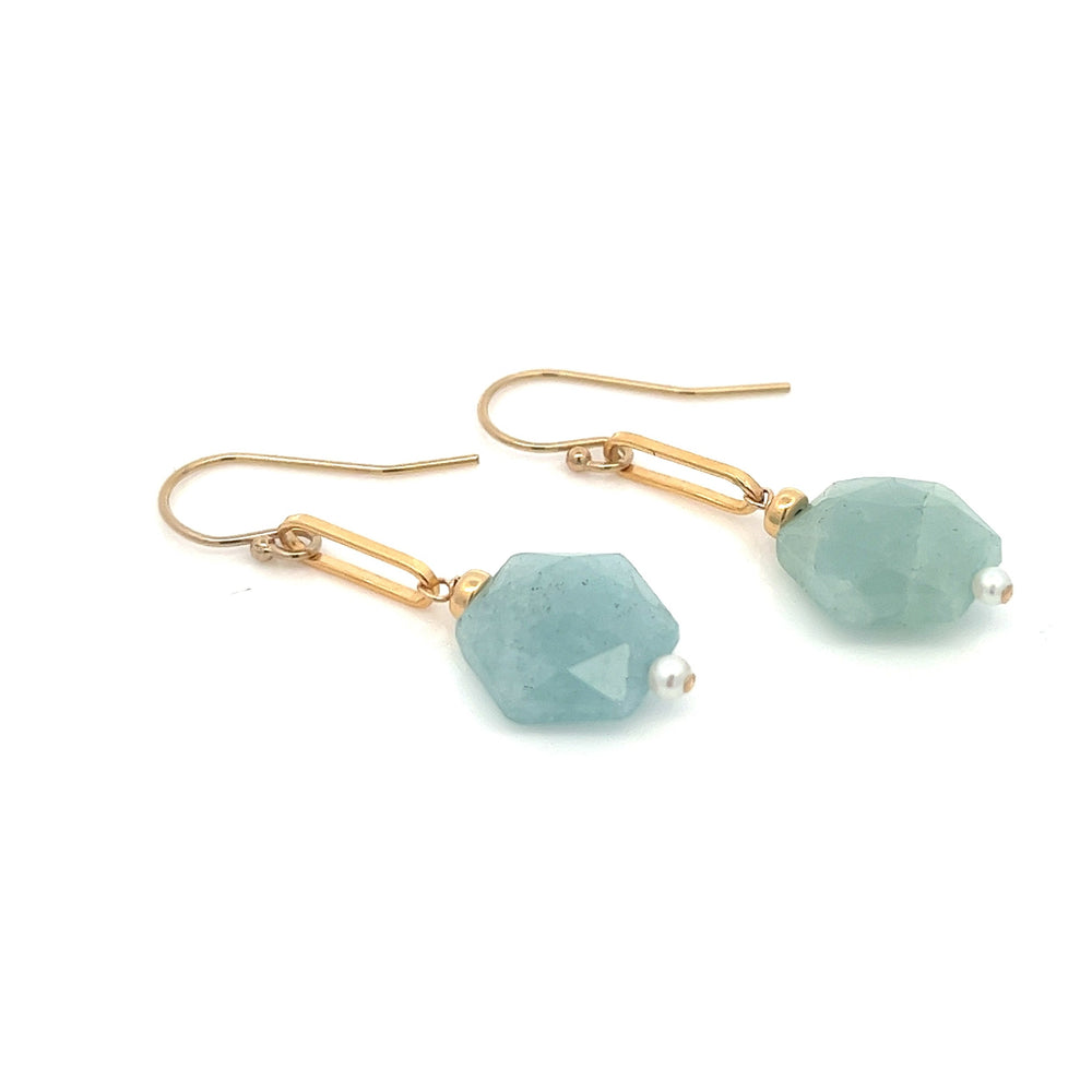 aquamarine hexagon & pearl drop earrings - workshopunderground.com
