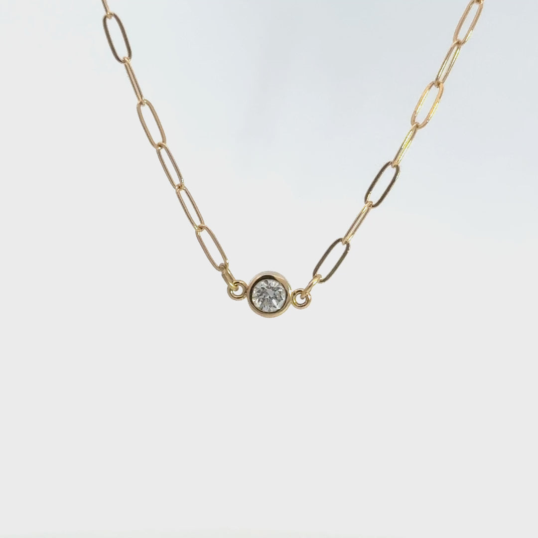 Round Bezel Diamond Paperclip Chain Necklace, 0.20 ct, 14K yellow gold