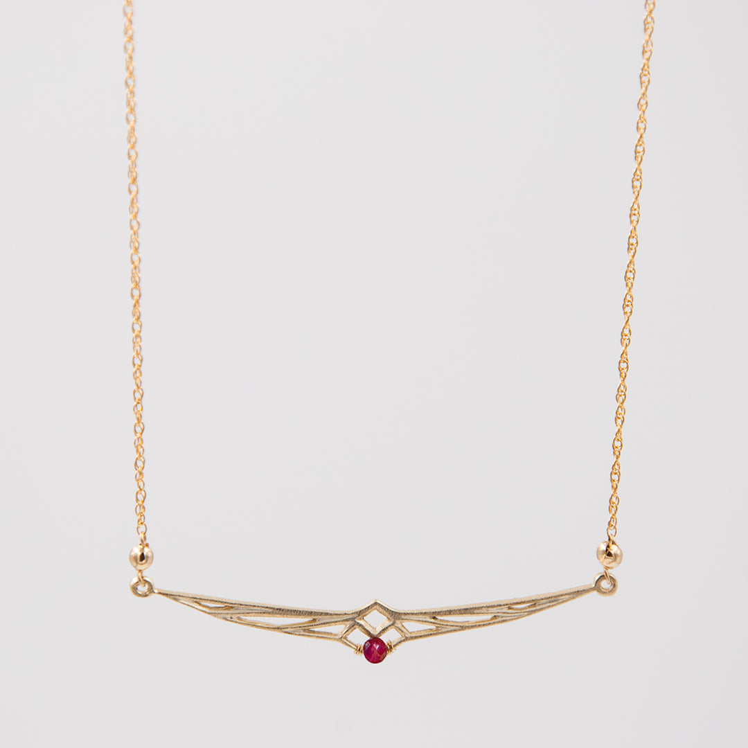 New Deco - thunderbird bar necklace - gold & ruby - workshopunderground.com