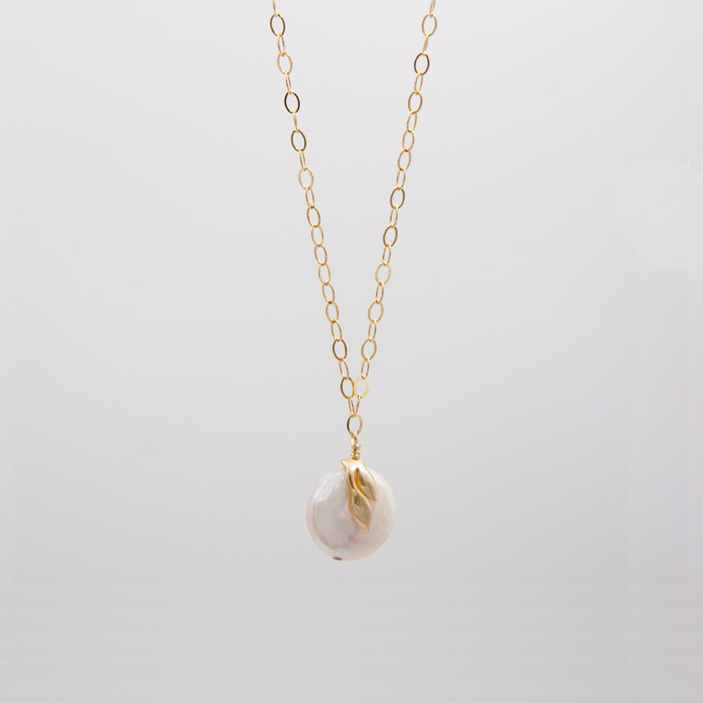 New Deco - coin pearl necklace - vine motif on cable chain - workshopunderground.com