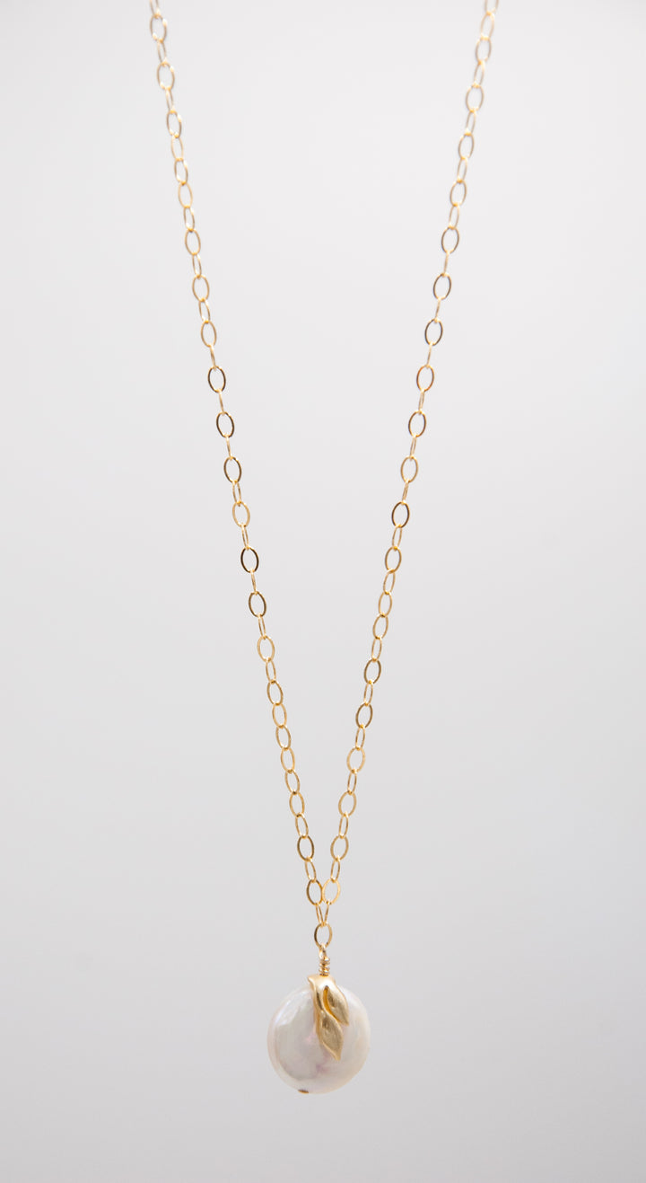 New Deco - coin pearl necklace - vine motif on cable chain - workshopunderground.com