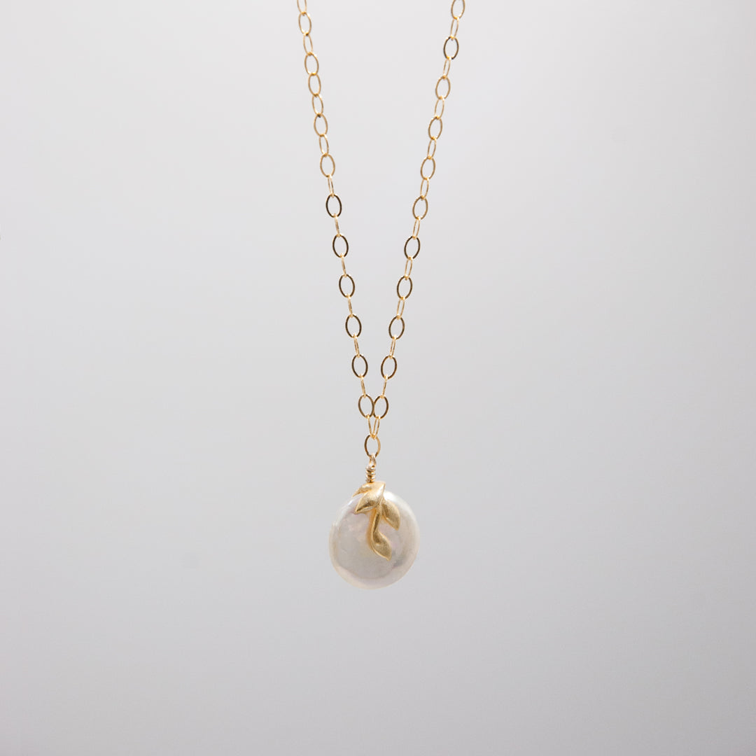 New Deco - coin pearl necklace - vine motif on cable chain - workshopunderground.com