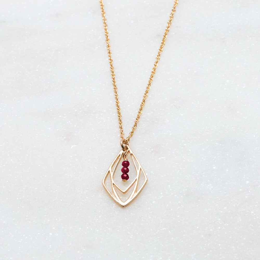 New Deco - three-stone deco pendant necklace - ruby - gold only - workshopunderground.com