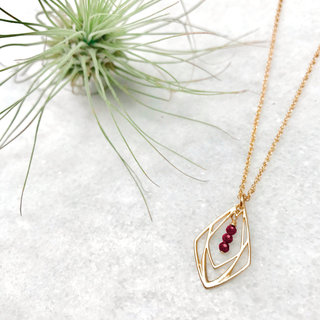 New Deco - three-stone deco pendant necklace - ruby - gold only - workshopunderground.com