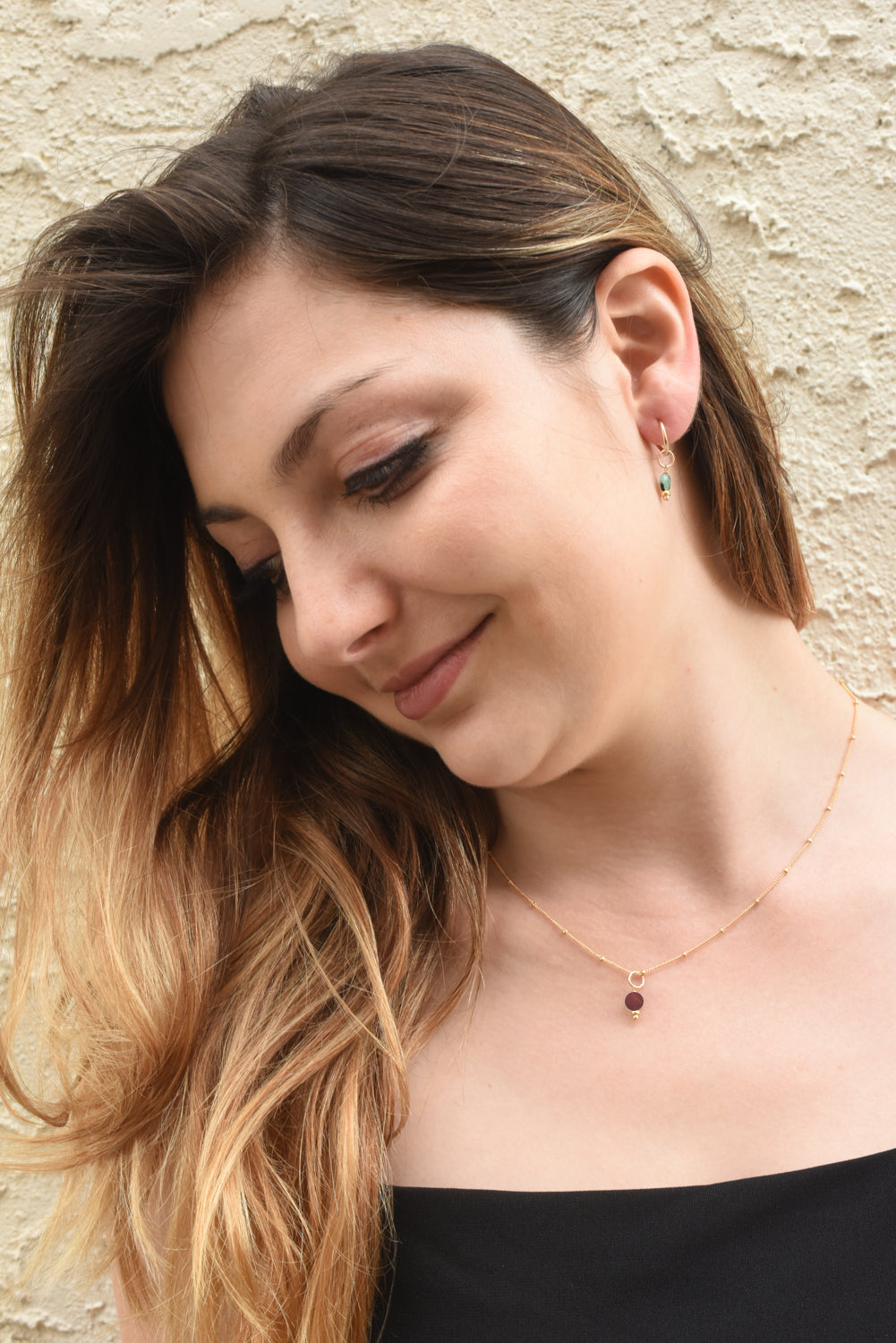 golden rondelle necklace - garnet coin charm - workshopunderground.com